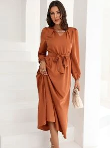 Modelyn Puff Sleeve Belted Dress - Brown - View 3