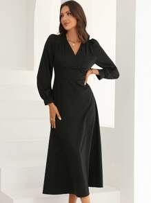 Modelyn Surplice Neck Puff Sleeve A-line Dress - Black - View 4