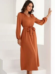 Modelyn Puff Sleeve Belted Dress - Brown - View 4