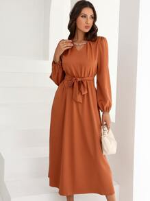 Modelyn Puff Sleeve Belted Dress - Brown - View 5
