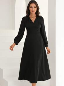 Modelyn Surplice Neck Puff Sleeve A-line Dress - Black - View 6