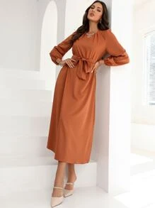 Modelyn Puff Sleeve Belted Dress - Brown - View 6