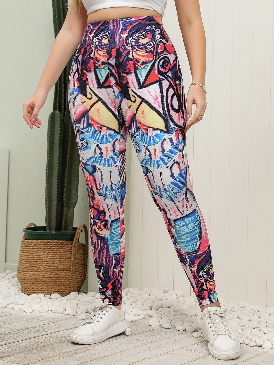 大碼滿版印花緊身打底褲 - 彩色 - 查看 1