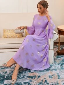 Modelyn 燙金花朵印花荷葉袖洋裝 - 紫丁香色 - 查看 1