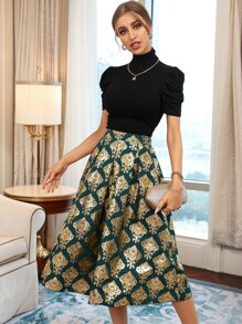 Modelyn 泡泡袖上衣和金色錦緞圖案褶皺半身裙 - 彩色 - 查看 1