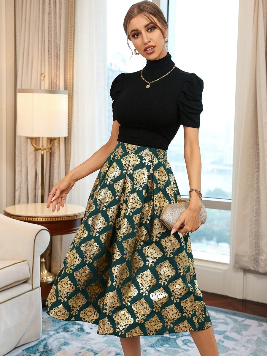 Modelyn 泡泡袖上衣和金色錦緞圖案褶皺半身裙 - 彩色 - 查看 1