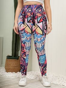 大碼滿版印花緊身打底褲 - 彩色 - 查看 5