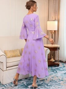 Modelyn 燙金花朵印花荷葉袖洋裝 - 紫丁香色 - 查看 2
