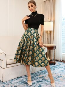 Modelyn 泡泡袖上衣和金色錦緞圖案褶皺半身裙 - 彩色 - 查看 3