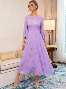 Modelyn 燙金花朵印花荷葉袖洋裝 - 紫丁香色 - 查看 3