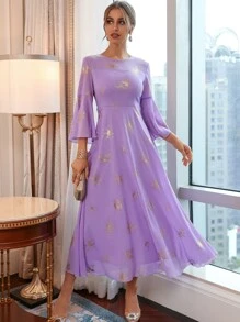 Modelyn 燙金花朵印花荷葉袖洋裝 - 紫丁香色 - 查看 4