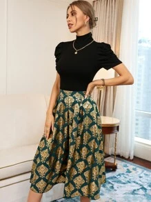 Modelyn 泡泡袖上衣和金色錦緞圖案褶皺半身裙 - 彩色 - 查看 5