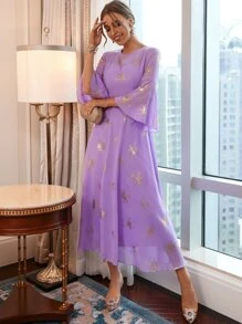 Modelyn 燙金花朵印花荷葉袖洋裝 - 紫丁香色 - 查看 5