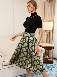 Modelyn 泡泡袖上衣和金色錦緞圖案褶皺半身裙 - 彩色 - 查看 6