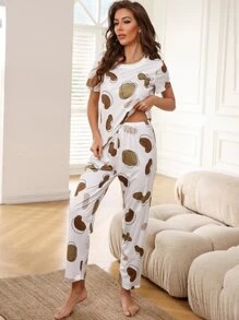 Graphic Print Pajama Set White Set Bridallingerie - White - View 4