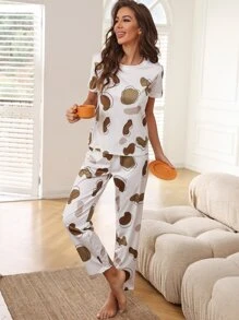 Graphic Print Pajama Set White Set Bridallingerie - White - View 6
