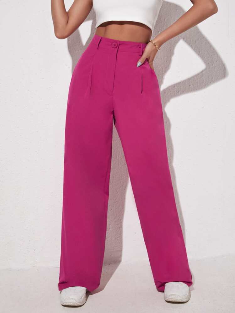 SHEIN EZwear Pantalones casuales anchos y sueltos con pliegues de unicolor estilo Y2K para mujer - Rosa Fucsia - Añade 3
