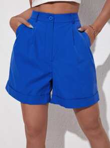 Muchica Slant Pocket Roll Hem Shorts - Blue - View 5