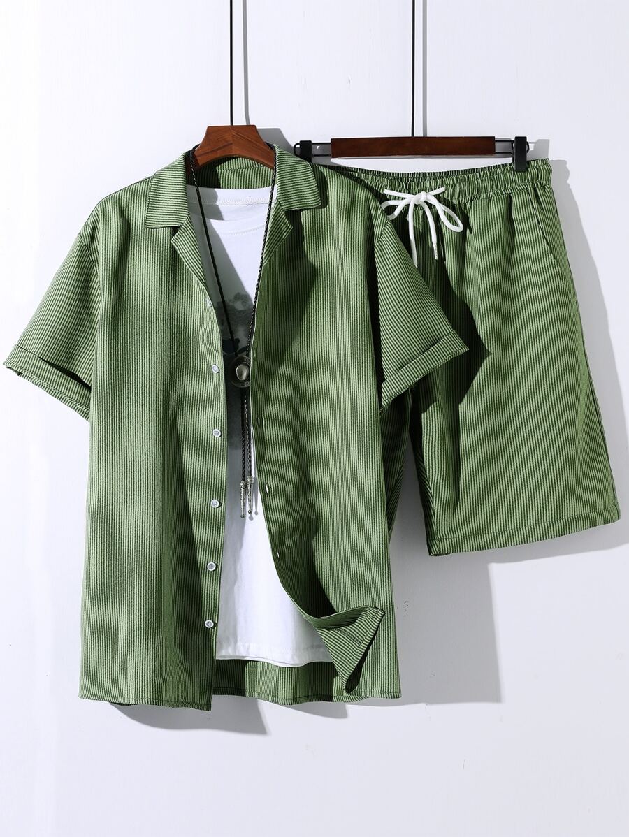 Manfinity 男士條紋圖案襯衫和腰部抽繩短褲不帶T恤 - 軍綠色 - 查看 1