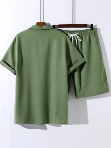 Manfinity 男士條紋圖案襯衫和腰部抽繩短褲不帶T恤 - 軍綠色 - 查看 2