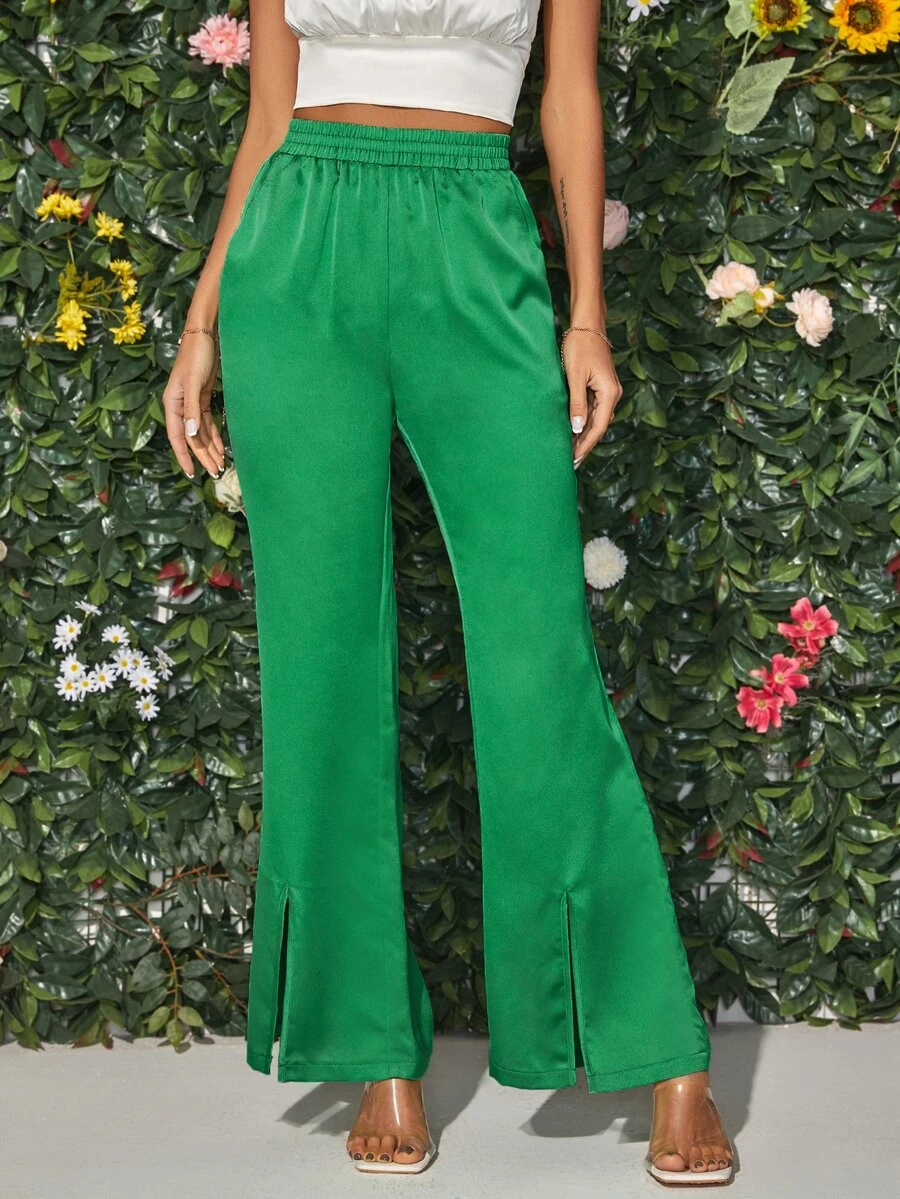 Pantalones bajo con abertura de talle alto - Verde - Ver 1
