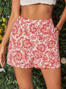 High Waist Paisley Print Shorts - Multicolor - View 1