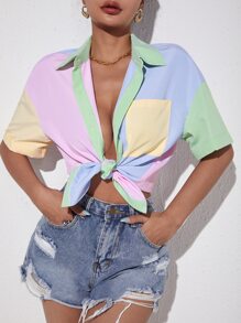 SHEIN SXY Striped Colourblock Drop Shoulder Patch Pocket Shirt - Multicolor - View 1
