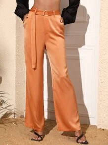 腰帶闊腿褲 - 珊瑚橙 - 查看 1