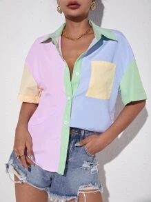SHEIN SXY Striped Colourblock Drop Shoulder Patch Pocket Shirt - Multicolor - View 4