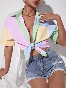 SHEIN SXY Striped Colourblock Drop Shoulder Patch Pocket Shirt - Multicolor - View 5