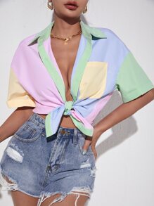 SHEIN SXY Striped Colourblock Drop Shoulder Patch Pocket Shirt - Multicolor - View 6