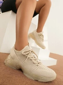 CUCCOO BASICS Women's Shoes Lightweight Knit Detail Comfortable Beige Lace-Up Front Running Shoes Vacation Shoes Summer Tainers - Beige - View 6