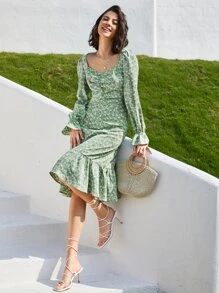 SHEIN Frenchy Đầm Xù Viên lá sen Dây kéo Họa tiết hoa Boho - Màu xanh Bạc hà - Xem 1