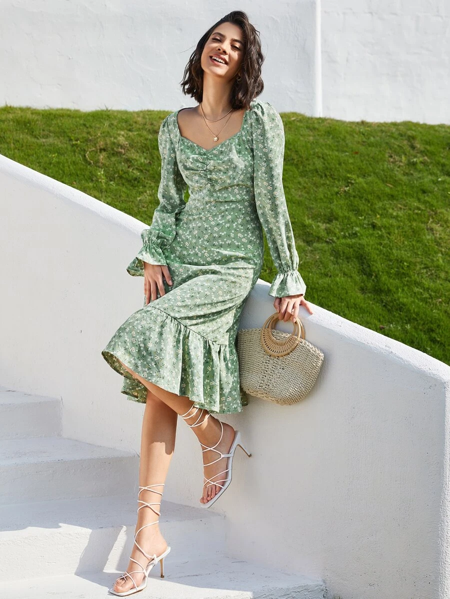 SHEIN Frenchy Đầm Xù Viên lá sen Dây kéo Họa tiết hoa Boho - Màu xanh Bạc hà - Xem 1