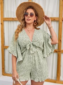 SHEIN Clasi Jumpsuits Plus Size Viên lá sen Thắt nơ trước Họa tiết hoa Boho - Màu xanh Bạc hà - Xem 1
