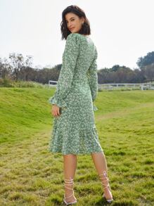 SHEIN Frenchy Đầm Xù Viên lá sen Dây kéo Họa tiết hoa Boho - Màu xanh Bạc hà - Xem 2