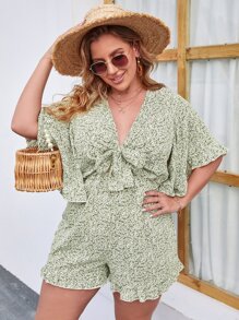 SHEIN Clasi Jumpsuits Plus Size Viên lá sen Thắt nơ trước Họa tiết hoa Boho - Màu xanh Bạc hà - Xem 3