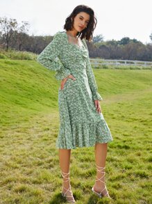 SHEIN Frenchy Đầm Xù Viên lá sen Dây kéo Họa tiết hoa Boho - Màu xanh Bạc hà - Xem 4