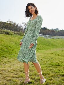SHEIN Frenchy Đầm Xù Viên lá sen Dây kéo Họa tiết hoa Boho - Màu xanh Bạc hà - Xem 5