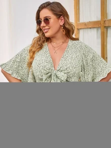 SHEIN Clasi Jumpsuits Plus Size Viên lá sen Thắt nơ trước Họa tiết hoa Boho - Màu xanh Bạc hà - Xem 5