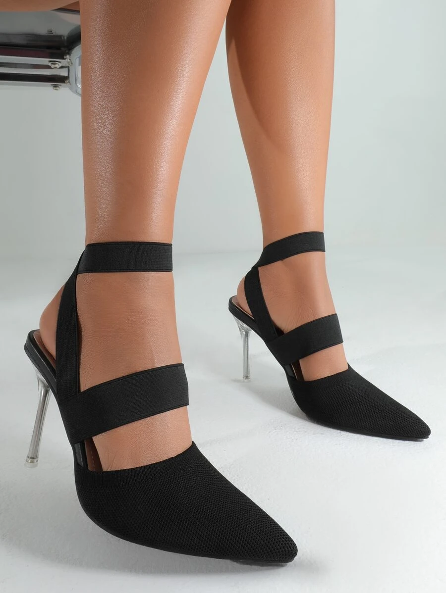 Tacones con tacón delgado tejido de punta - Negro - Ver 1