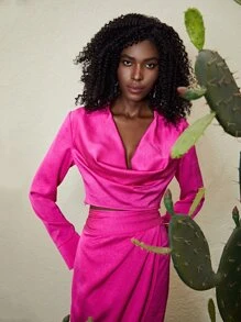 SHEIN Áo sơ mi nữ Vắt màu trơn Hấp dẫn - Màu Hồng Tươi - Xem 1