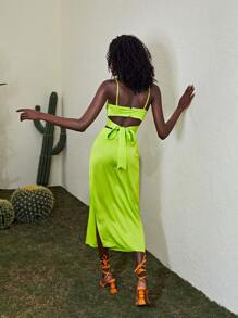 SHEIN VCAY 素色後綁帶吊帶上衣和高衩裙子套裝 - 青檸色 - 查看 2