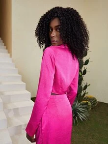 SHEIN Áo sơ mi nữ Vắt màu trơn Hấp dẫn - Màu Hồng Tươi - Xem 2