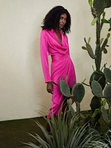 SHEIN Áo sơ mi nữ Vắt màu trơn Hấp dẫn - Màu Hồng Tươi - Xem 3