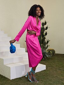 SHEIN Áo sơ mi nữ Vắt màu trơn Hấp dẫn - Màu Hồng Tươi - Xem 4