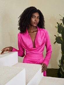 SHEIN Áo sơ mi nữ Vắt màu trơn Hấp dẫn - Màu Hồng Tươi - Xem 5