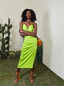 SHEIN VCAY 素色後綁帶吊帶上衣和高衩裙子套裝 - 青檸色 - 查看 5