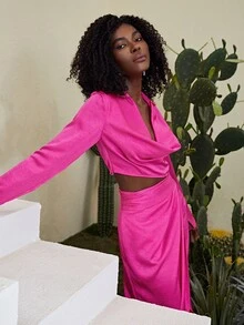 SHEIN Áo sơ mi nữ Vắt màu trơn Hấp dẫn - Màu Hồng Tươi - Xem 6