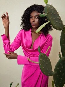 SHEIN Áo sơ mi nữ Vắt màu trơn Hấp dẫn - Màu Hồng Tươi - Xem 7